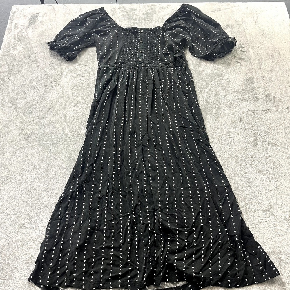 Yarn & Sea Cottagecore Maxi Dress Puff Sleeve Smocked Black White Womens Large